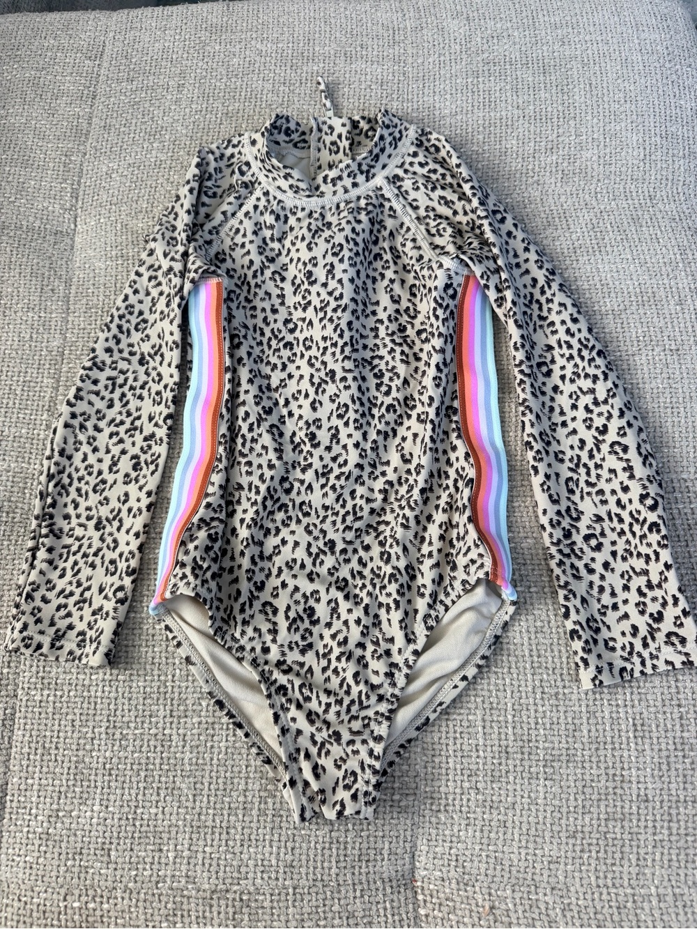 Raisins Beige Leopard One-Piece with Rainbow Side Stripes